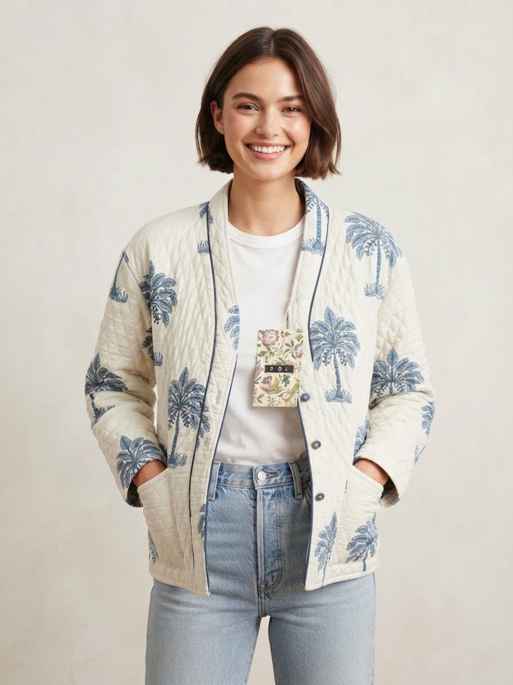 NWT POL Quilted Palm-Print Kimono Jacket White Blue Size Size